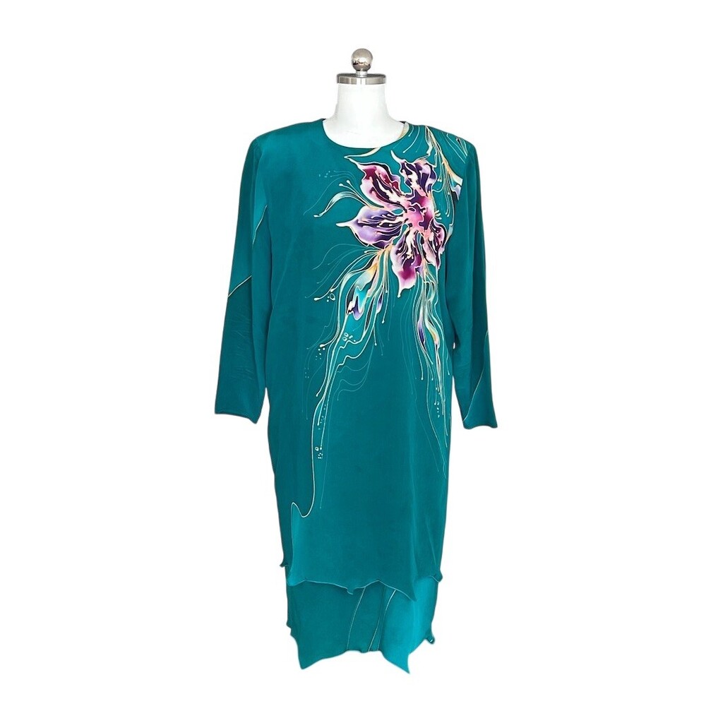 Yolanda Lorente Dress Womens Size S Teal Floral Shift Midi Long Sleeve